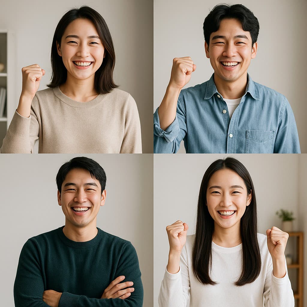 다양한 참가자들이 워크숍 후 만족스러운 표정을 짓고 있는 모습 콜라주